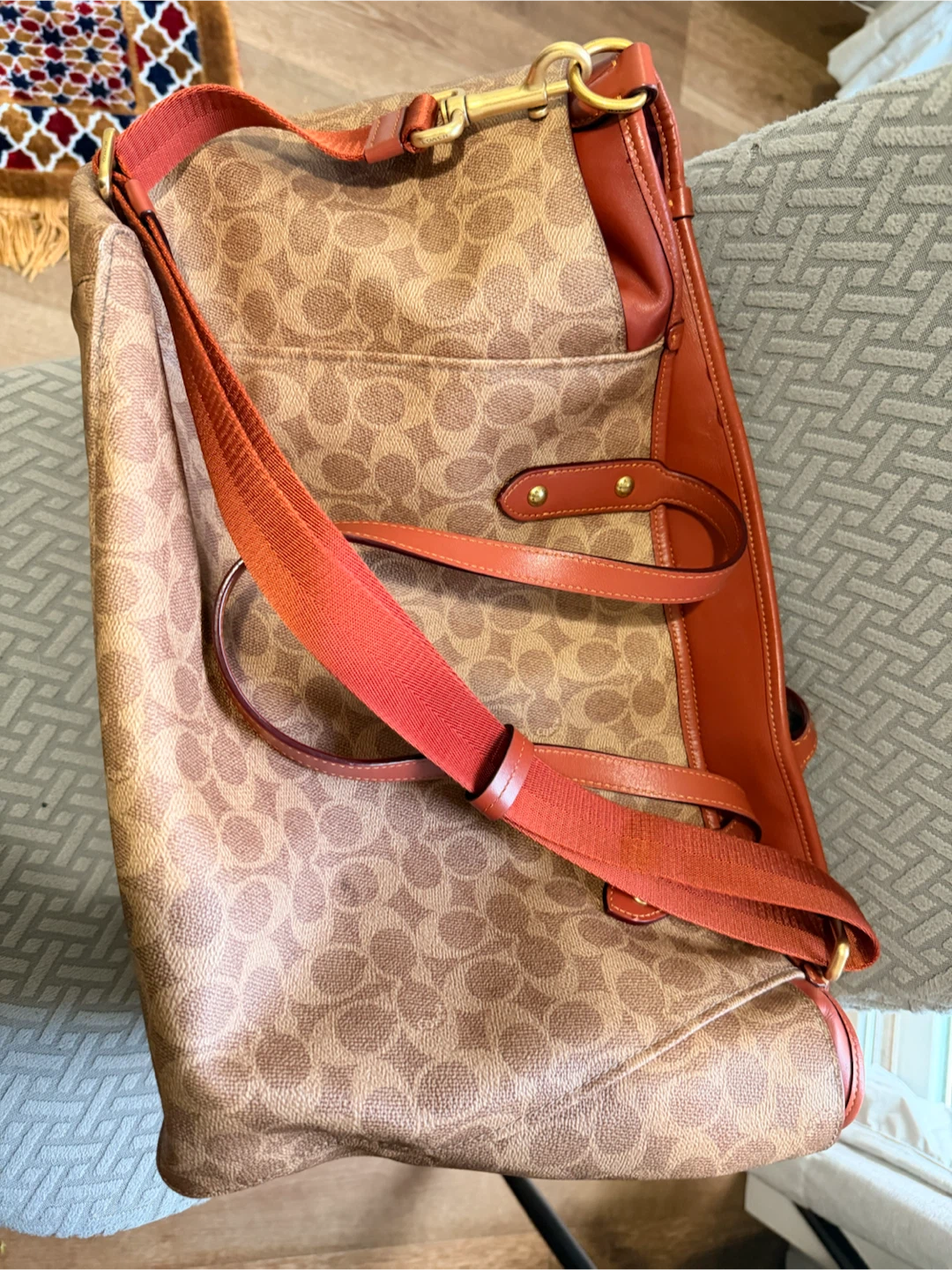 Coach Signature Print Leather Trim Tote Bag