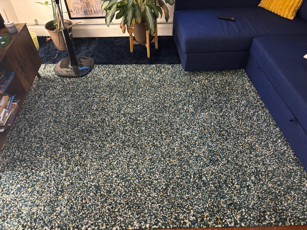 Teal, White, Yellow, and Blue Speckled Area Rug