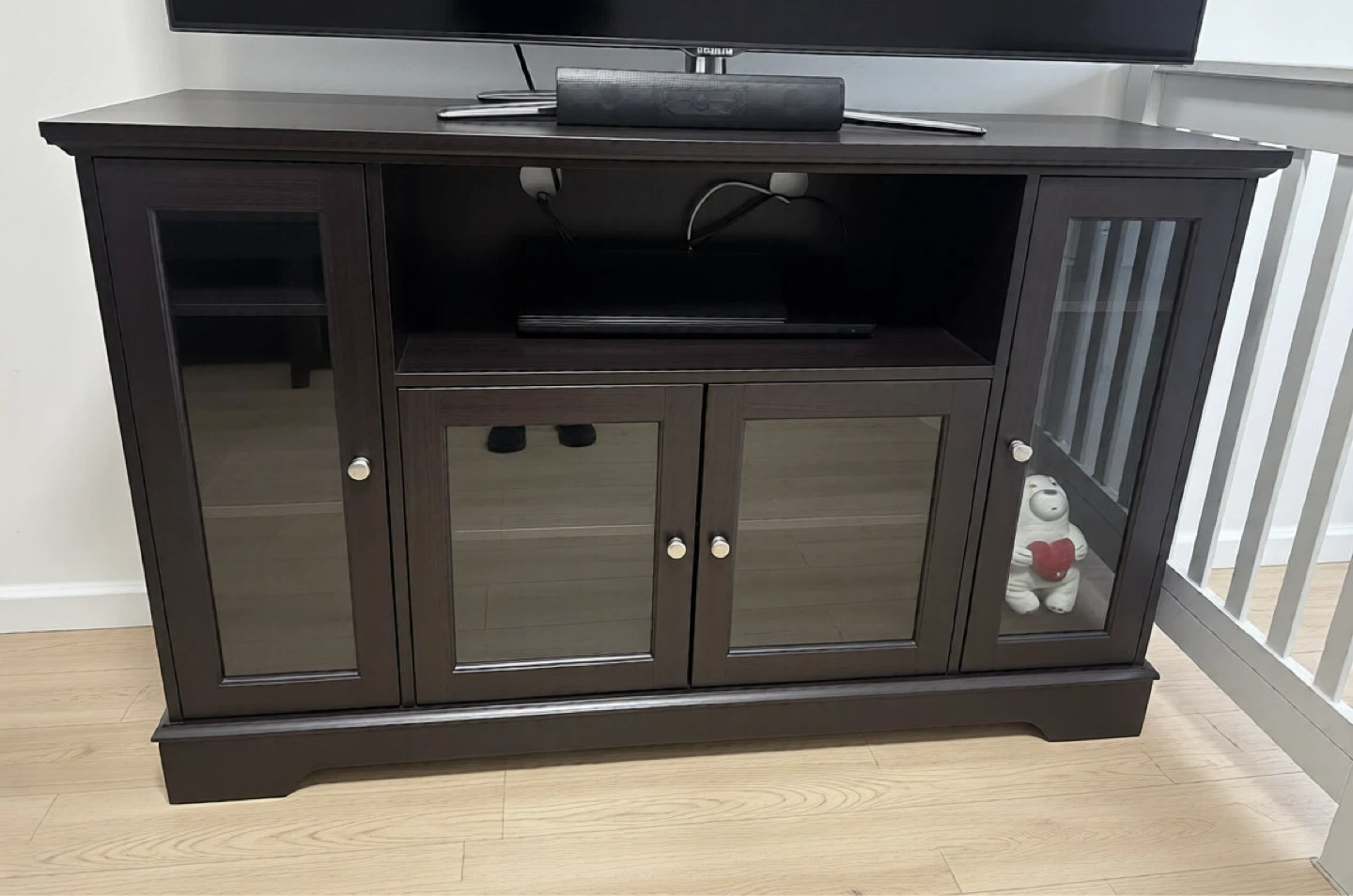Dark Brown TV Stand with Glass Doors