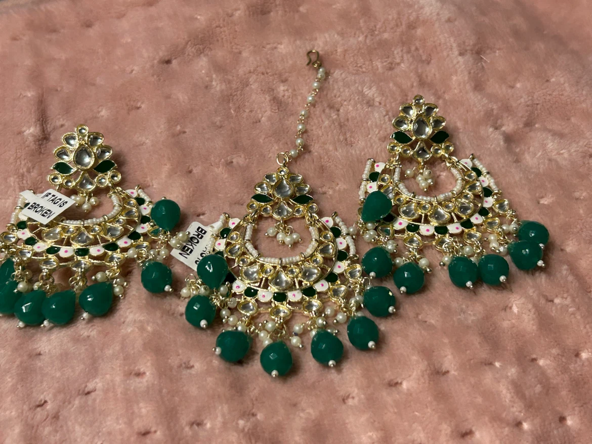 New-Gold-toned Earrings and Tikka Set with Green Beads