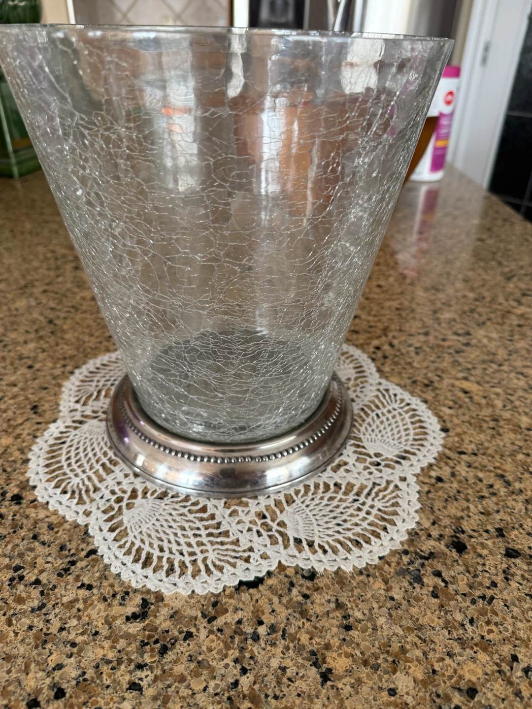 Crackle Glass Vase with Silver Base