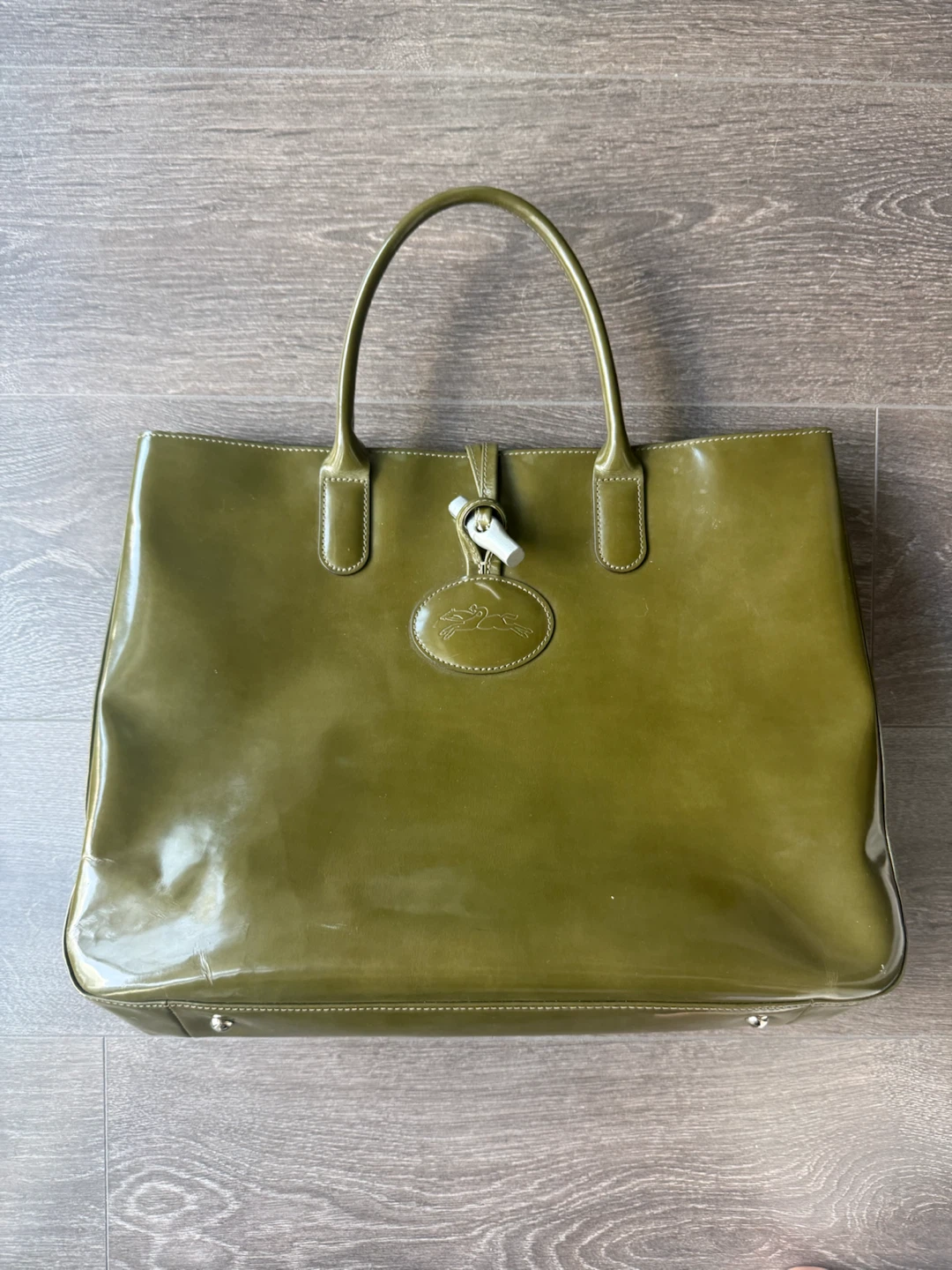 Longchamp Roseau Patent Leather Tote Bag - Olive Green