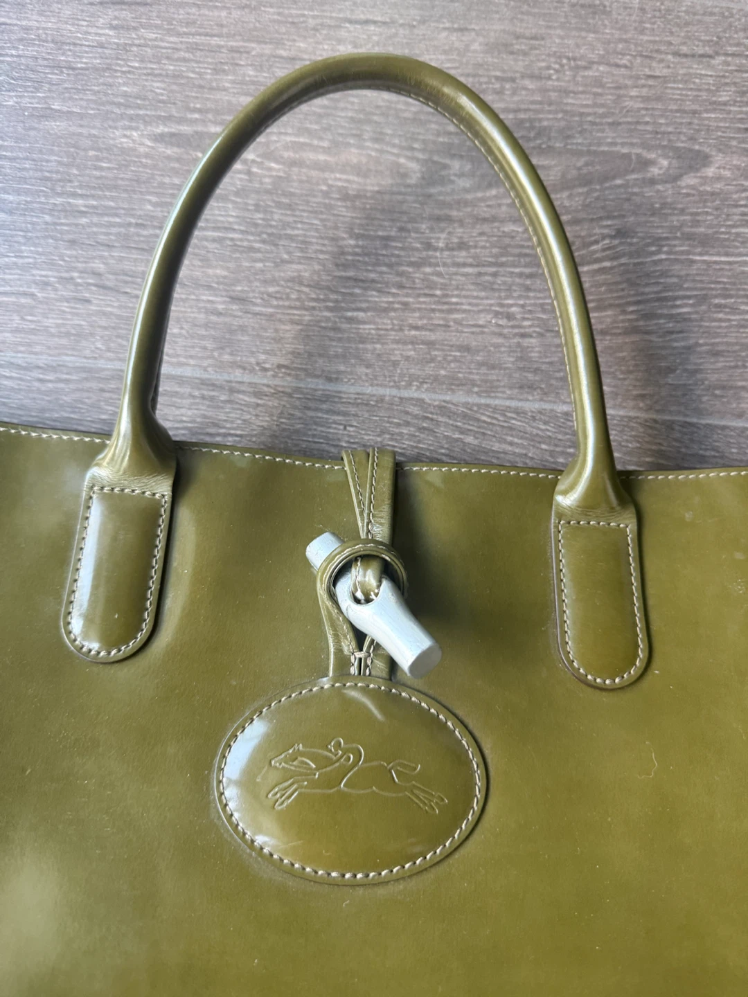 Longchamp Roseau Patent Leather Tote Bag - Olive Green - photo 2