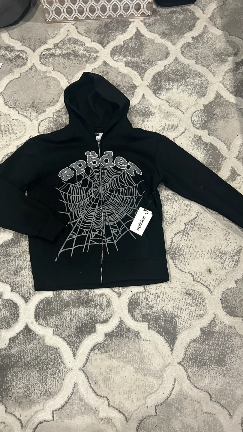 SP5DER Black Spider Web Zip-Up Hoodie