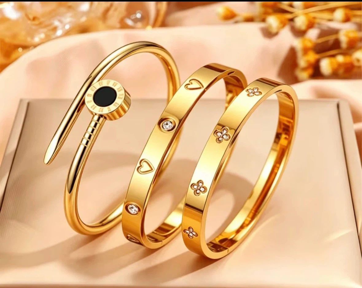 18K  plated Set of 3 Gold Tone Bracelets with Charms