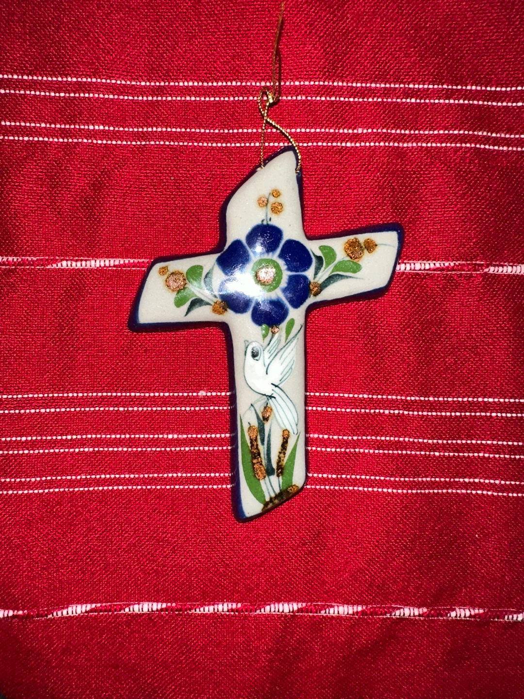 VTG Mexican Tonala Ceramic Wall Cross 4.5" Dove Flower Folk Art - photo 2