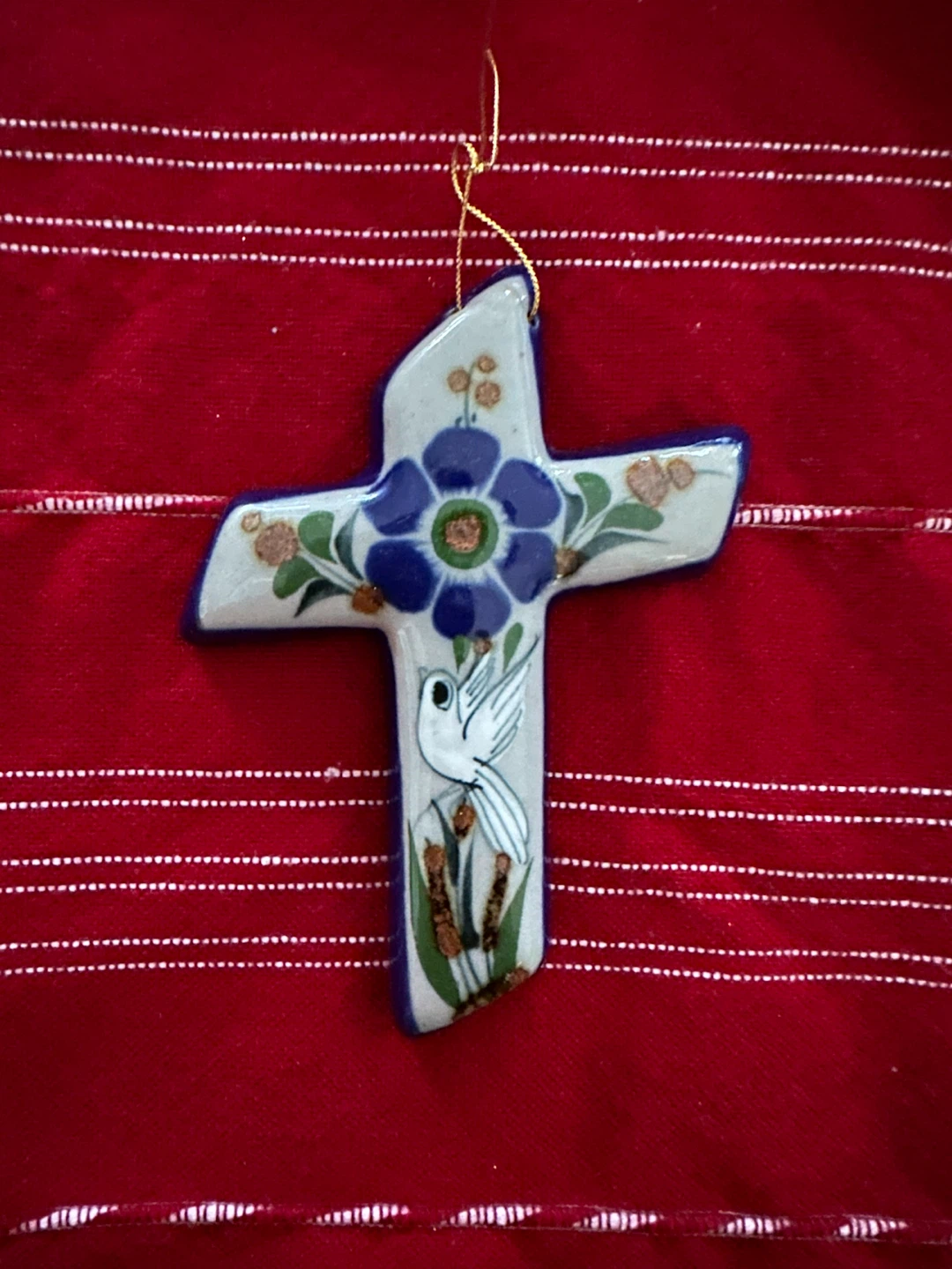 VTG Mexican Tonala Ceramic Wall Cross 4.5" Dove Flower Folk Art