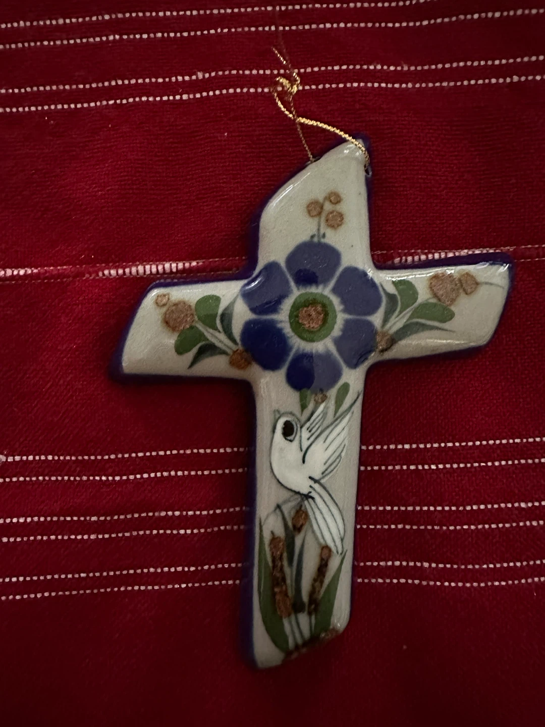 VTG Mexican Tonala Ceramic Wall Cross 4.5" Dove Flower Folk Art - photo 3
