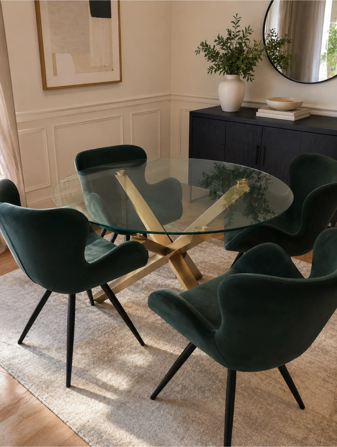 Glass Dining Table with Gold Base and Green Velvet Chairs