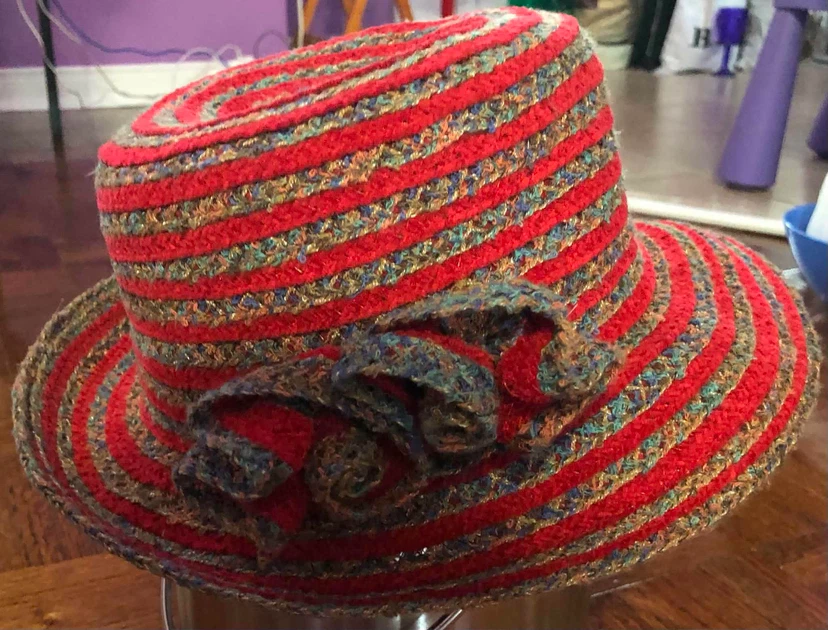 Striped Floppy Hat with Flower Accent