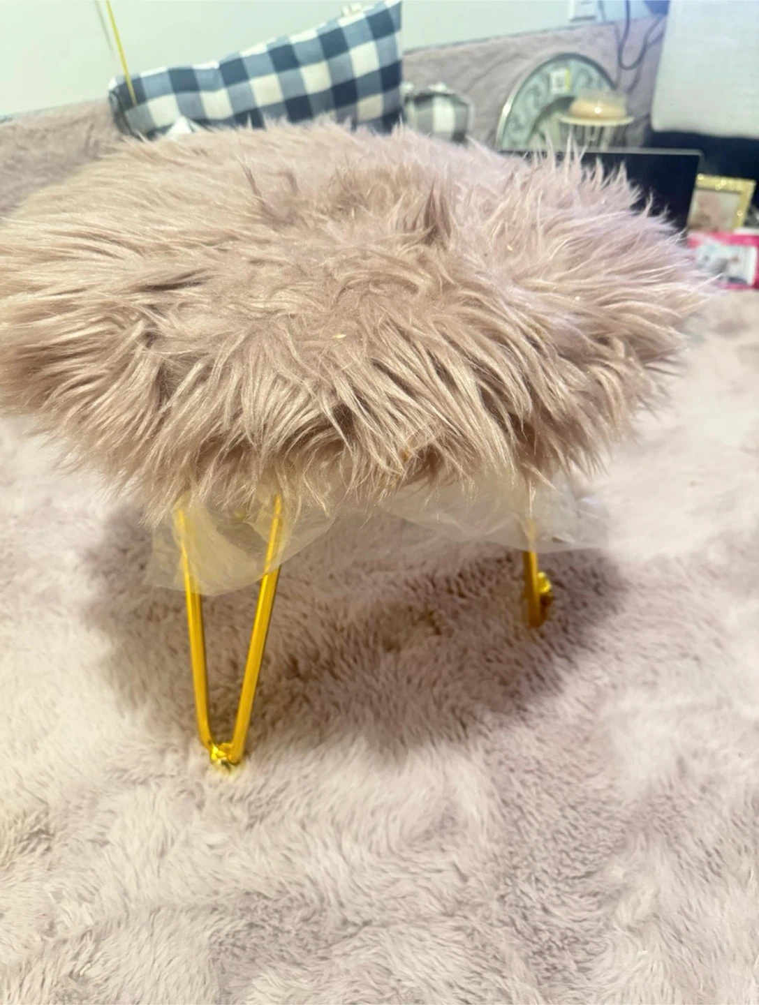 Faux Fur Vanity Stool with Gold Legs