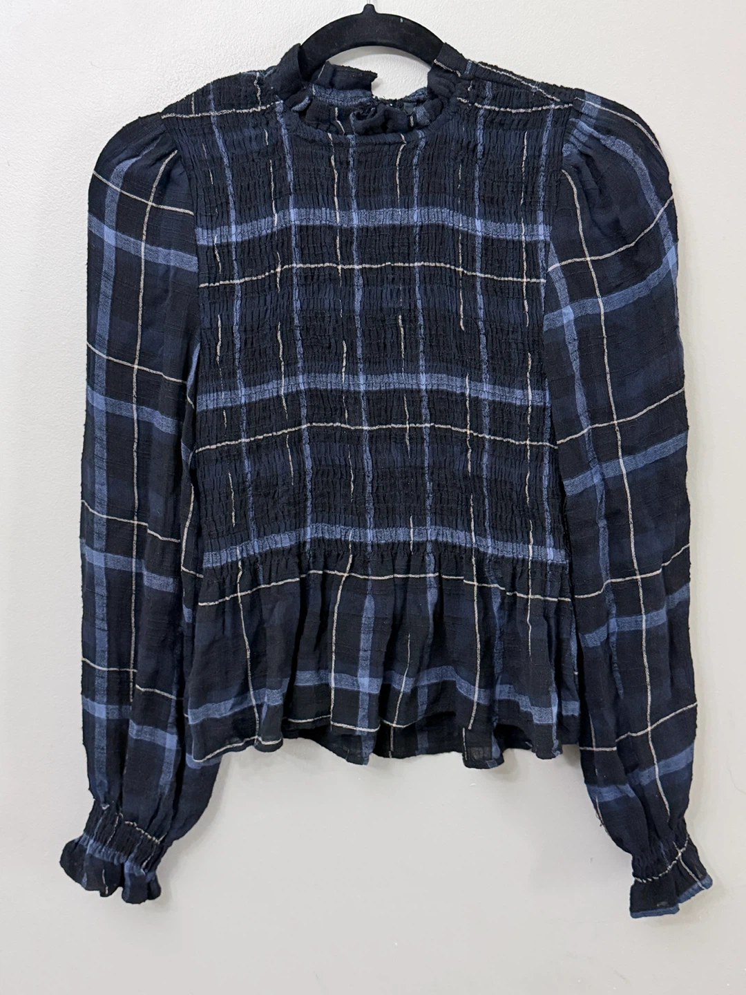 Zara Plaid Smocked Blouse Sz Small - photo 2
