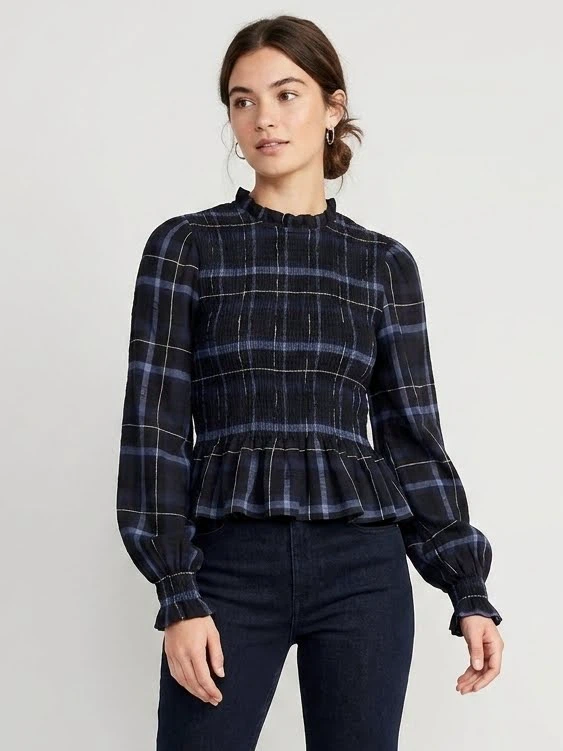 Zara Plaid Smocked Blouse Sz Small