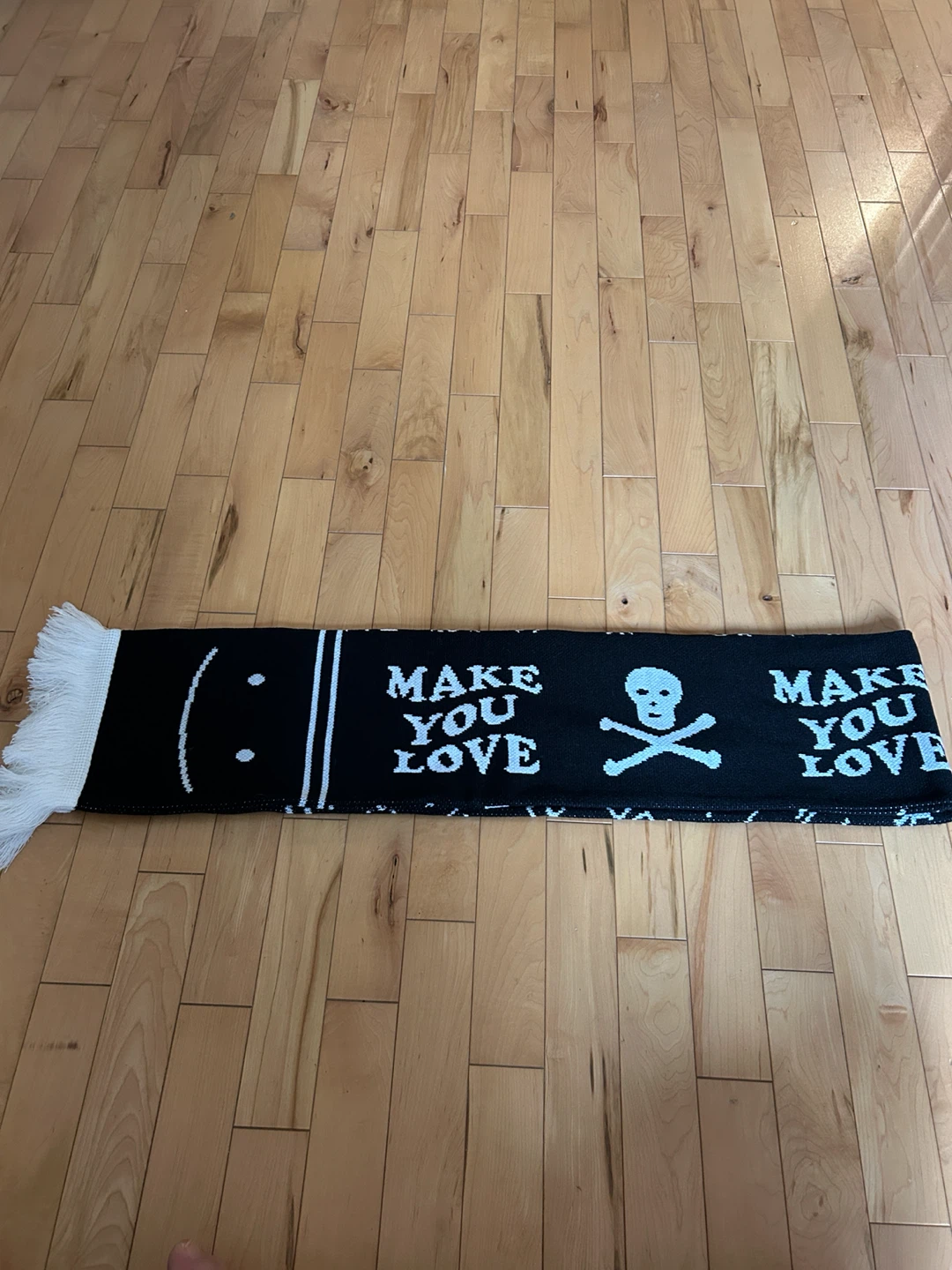 Knit Scarf with Text and Skull Design