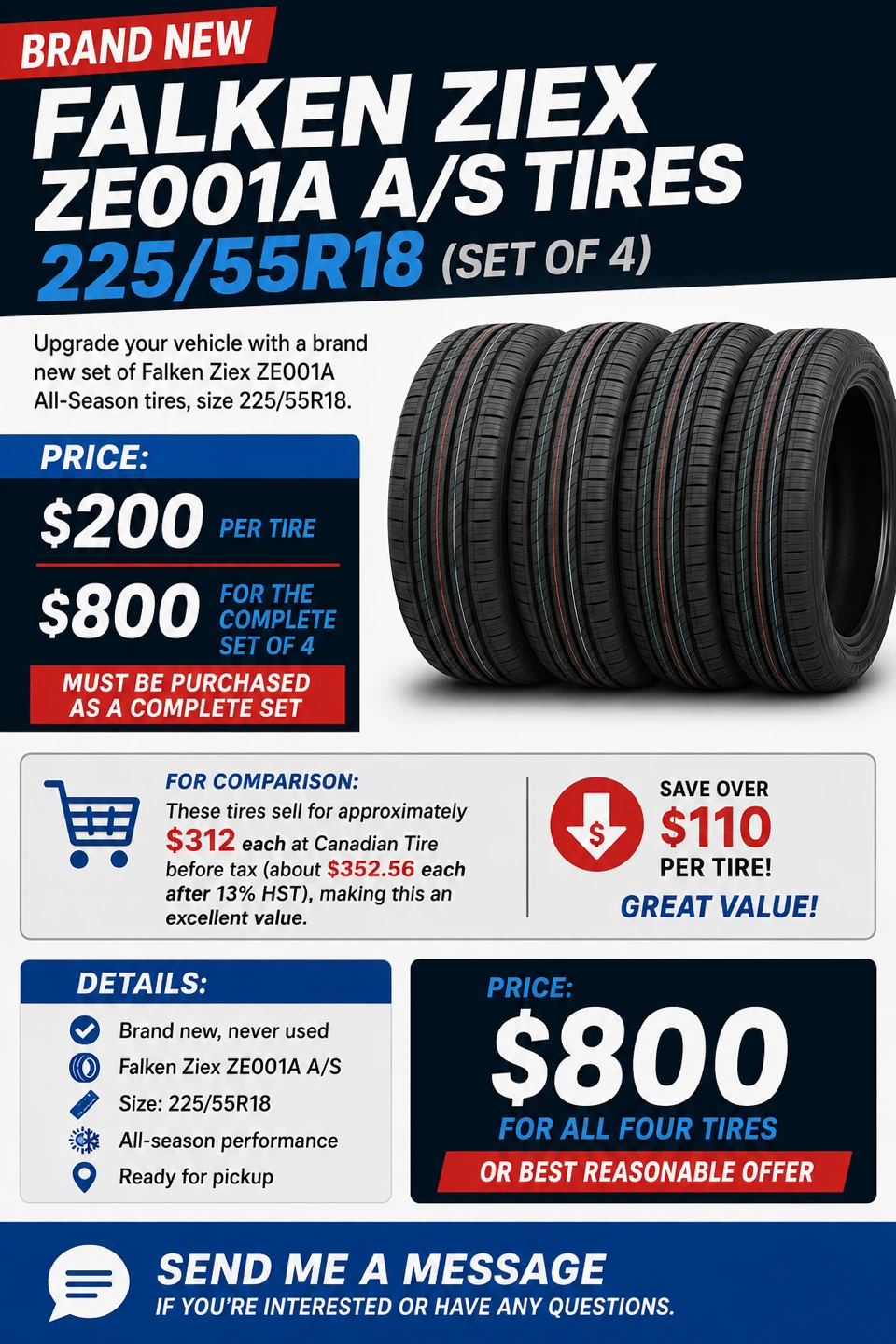 Unused Falken Ziex ZE001A A/S tires (225-55-R18)
