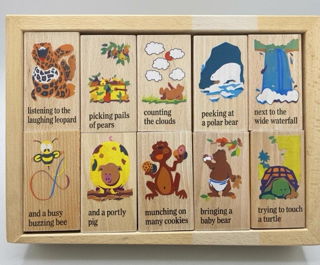 1992 Wooden Story Blocks Educational Toy Set w/ Tray