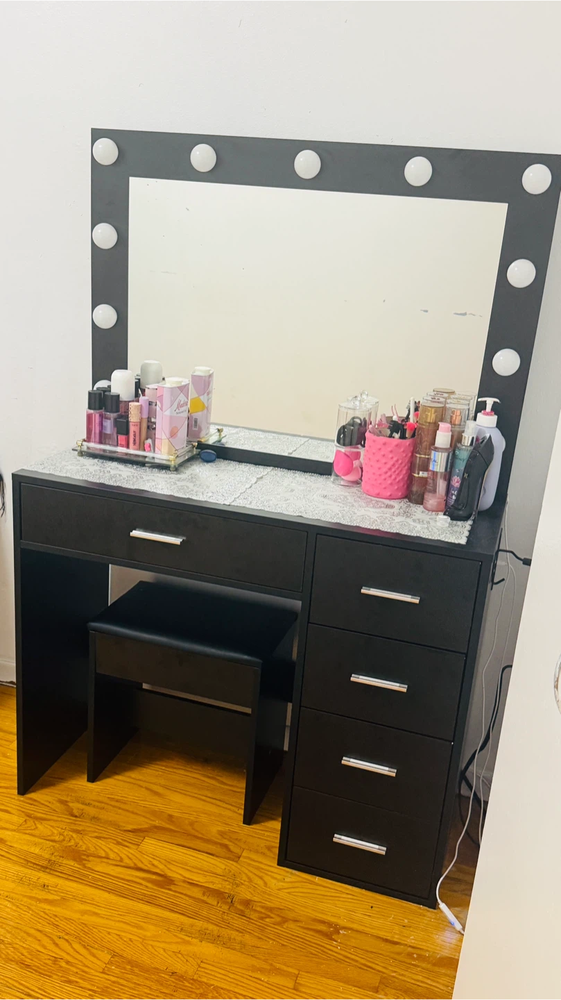 Black Vanity Desk with Lighted Mirror and Stool
