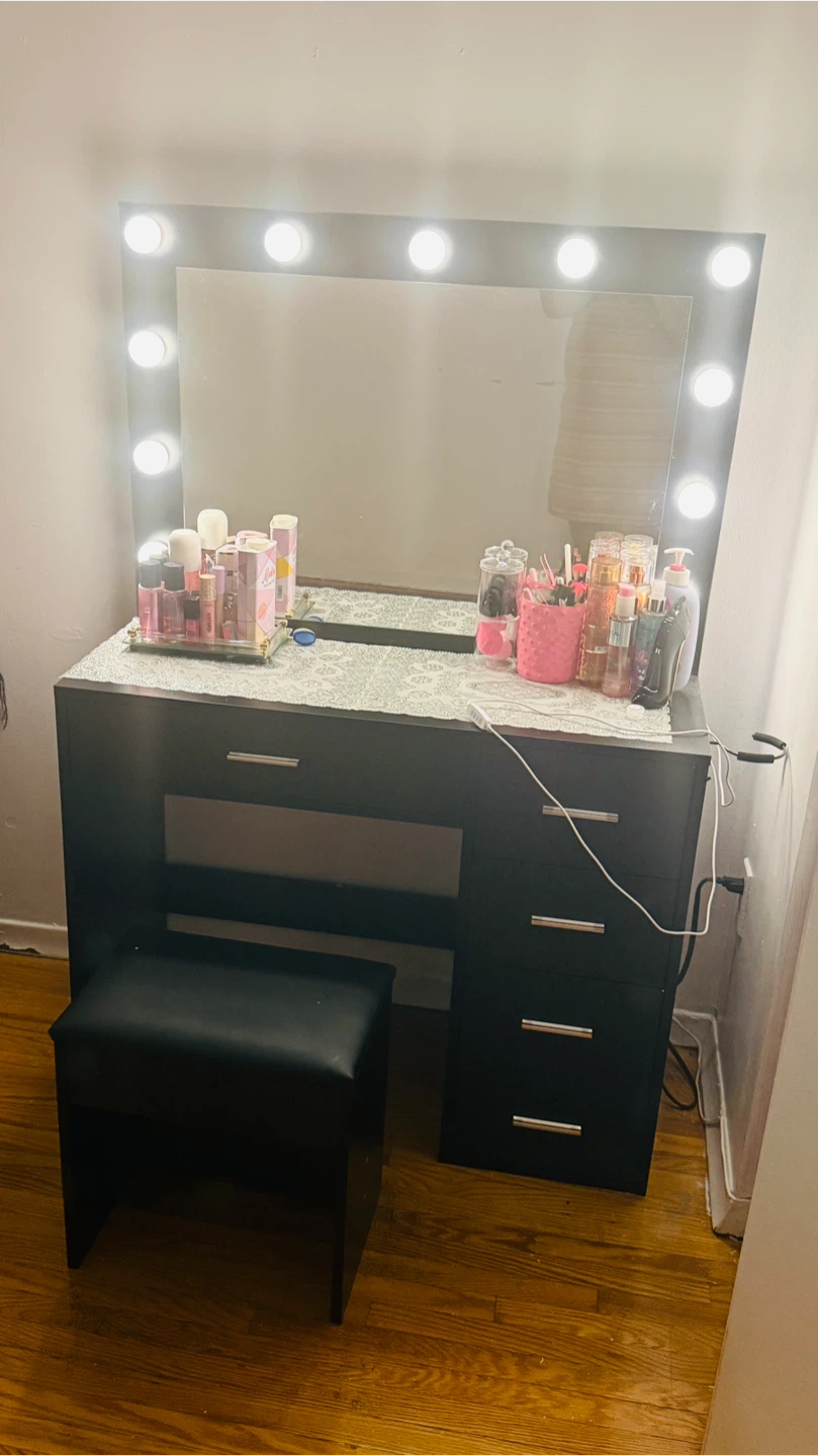 Black Vanity Desk with Lighted Mirror and Stool - photo 4