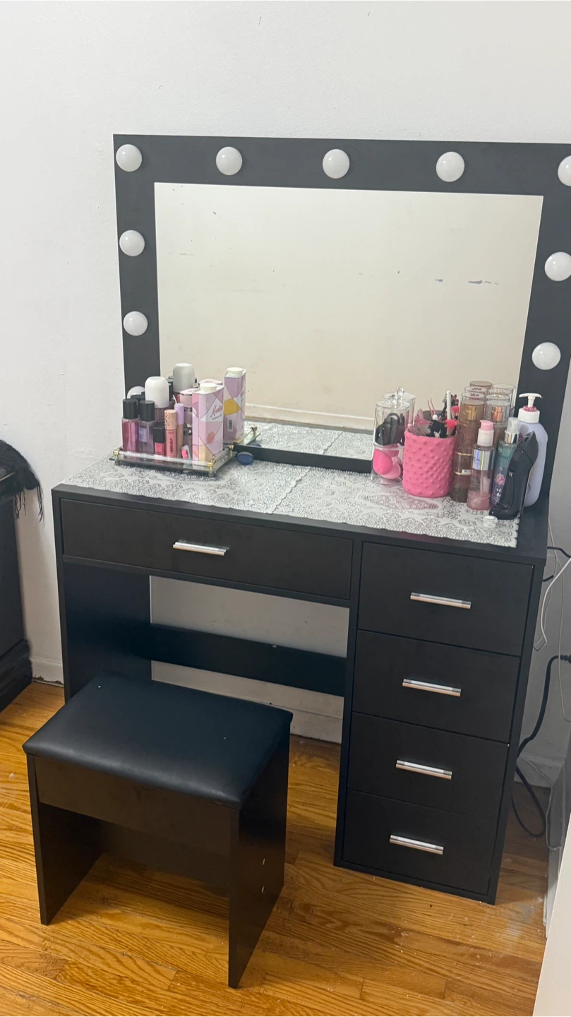 Black Vanity Desk with Lighted Mirror and Stool - photo 5