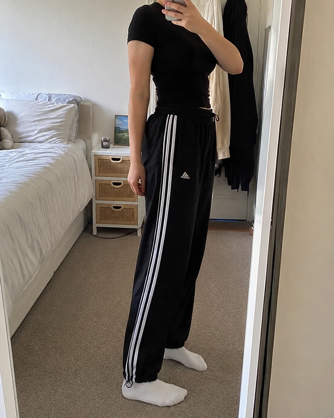 Adidas Black Track Pants with White Stripes