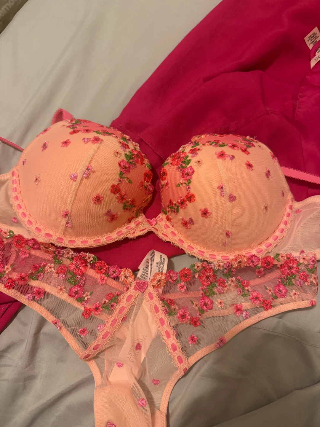 Pink floral embroidered bra and thong set