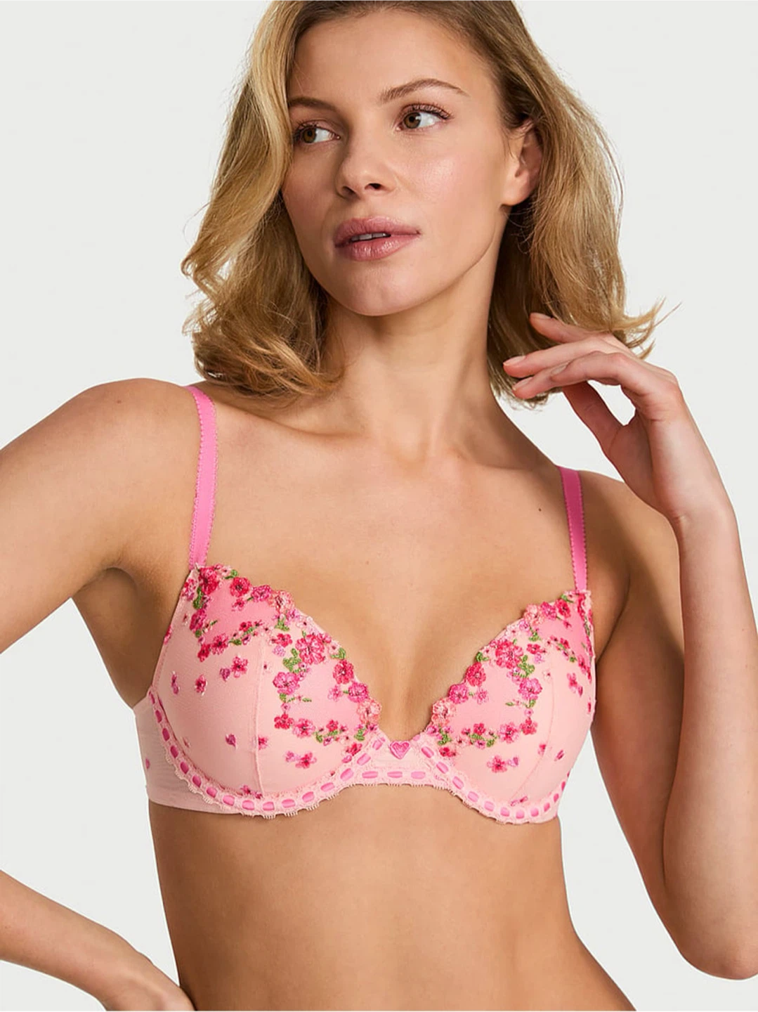 Pink floral embroidered bra and thong set - photo 3