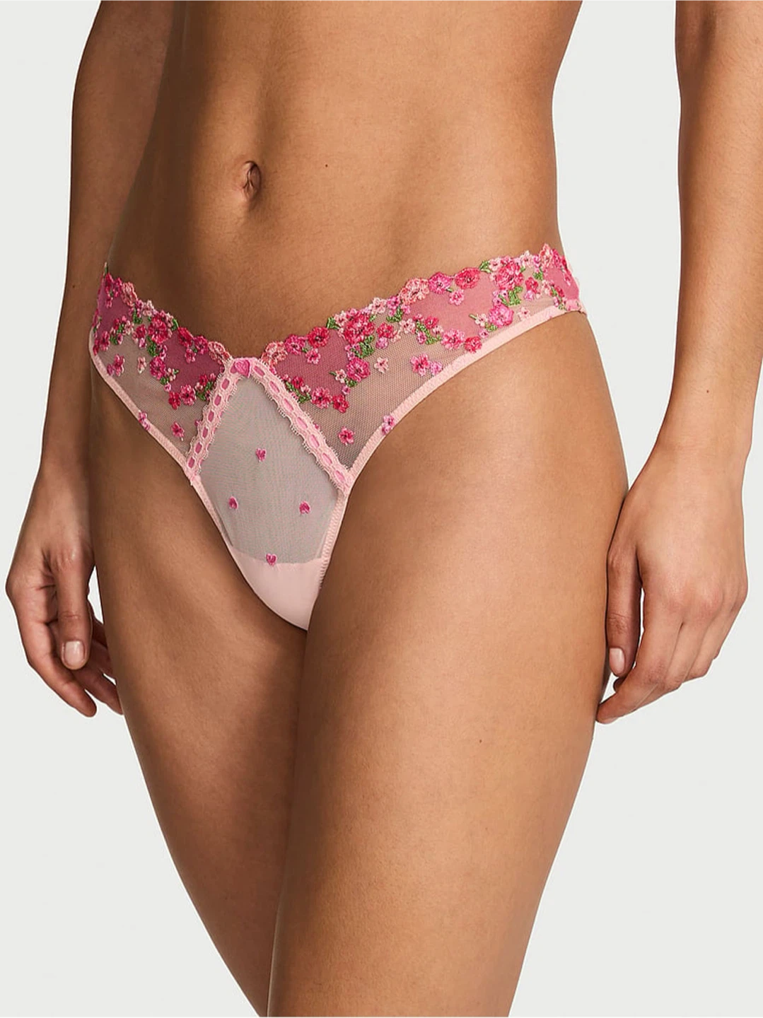 Pink floral embroidered bra and thong set - photo 5