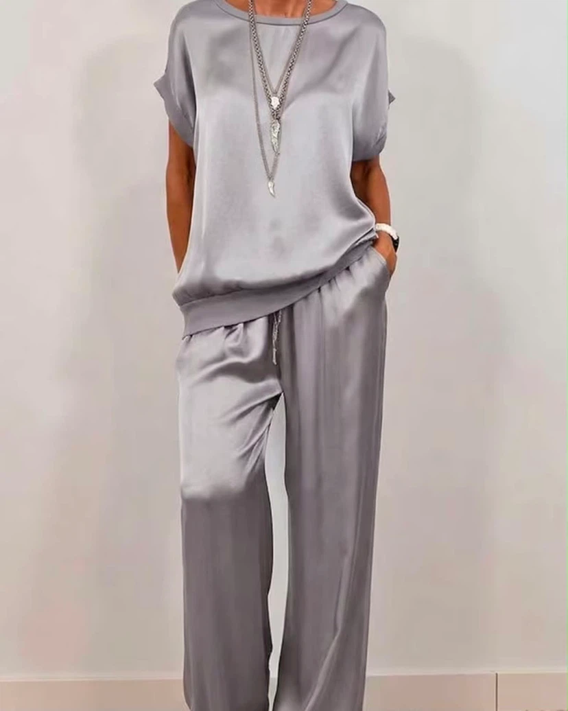 Women's Satin Pajama Set - Gray