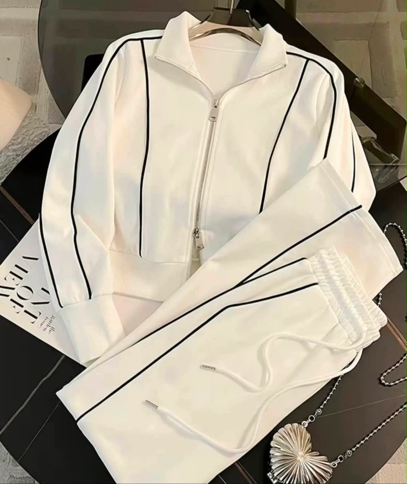 White Tracksuit Set with Black Piping - photo 3