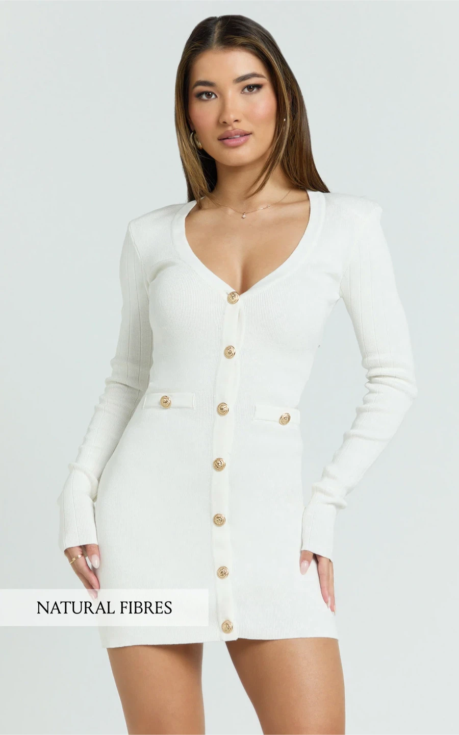 Showpo Cream Knit Button-Up Dress
