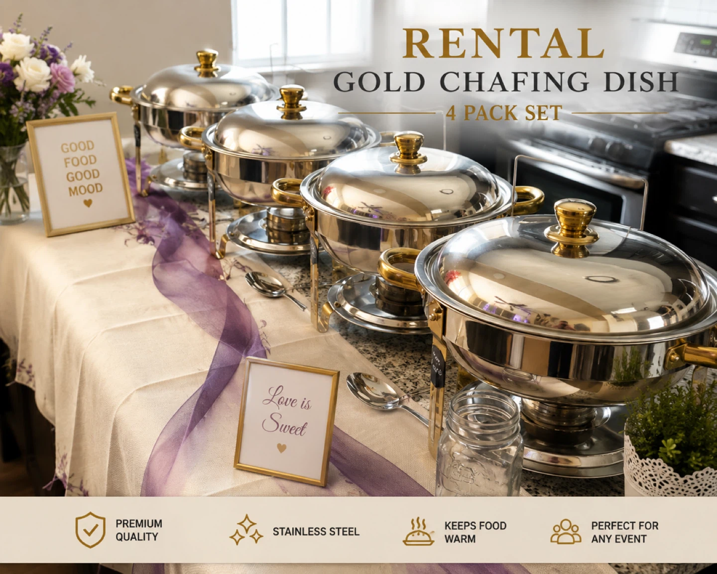 Gold Chafing Dish Rental - 4 Pack Set