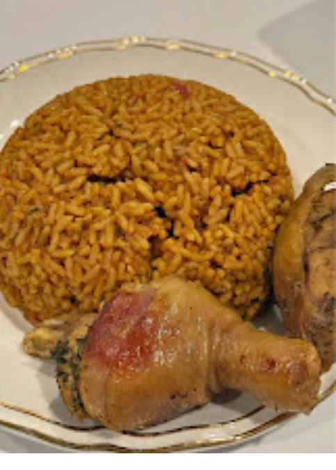 Home-cooked Jollof Rice with Chicken.