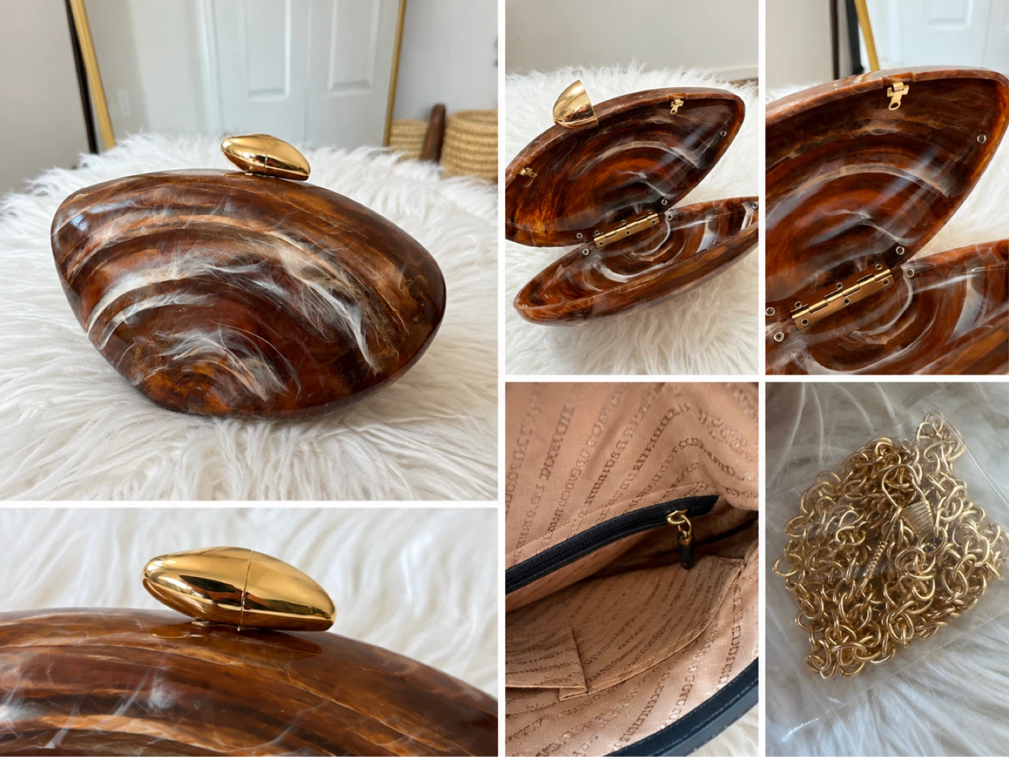 Brown Swirl Resin Clutch Purse with Gold Hardware