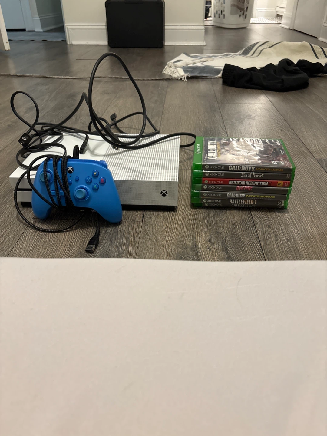 White Xbox One S Console with 5 Games and Blue Controller
