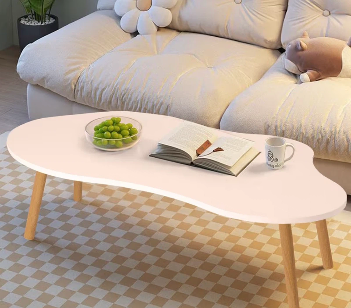 White Irregular Coffee Table with Wooden Legs