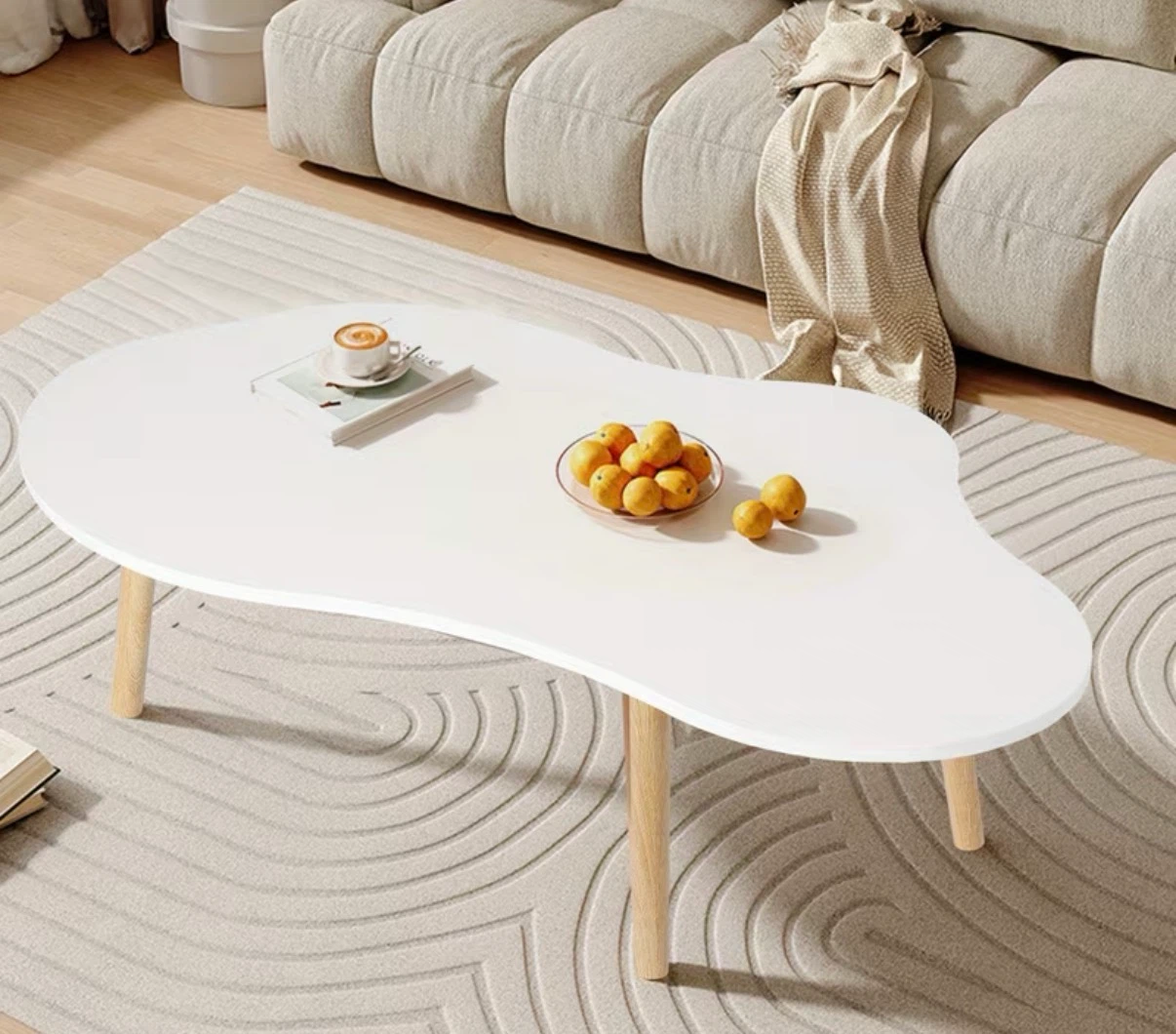 White Irregular Coffee Table with Wooden Legs - photo 2