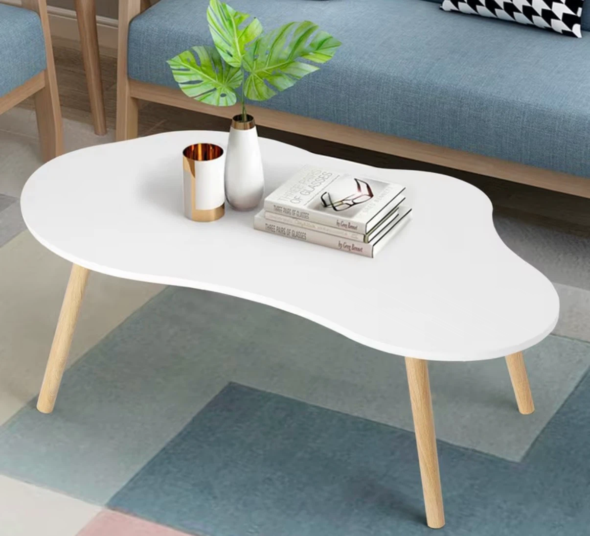 White Irregular Coffee Table with Wooden Legs - photo 3