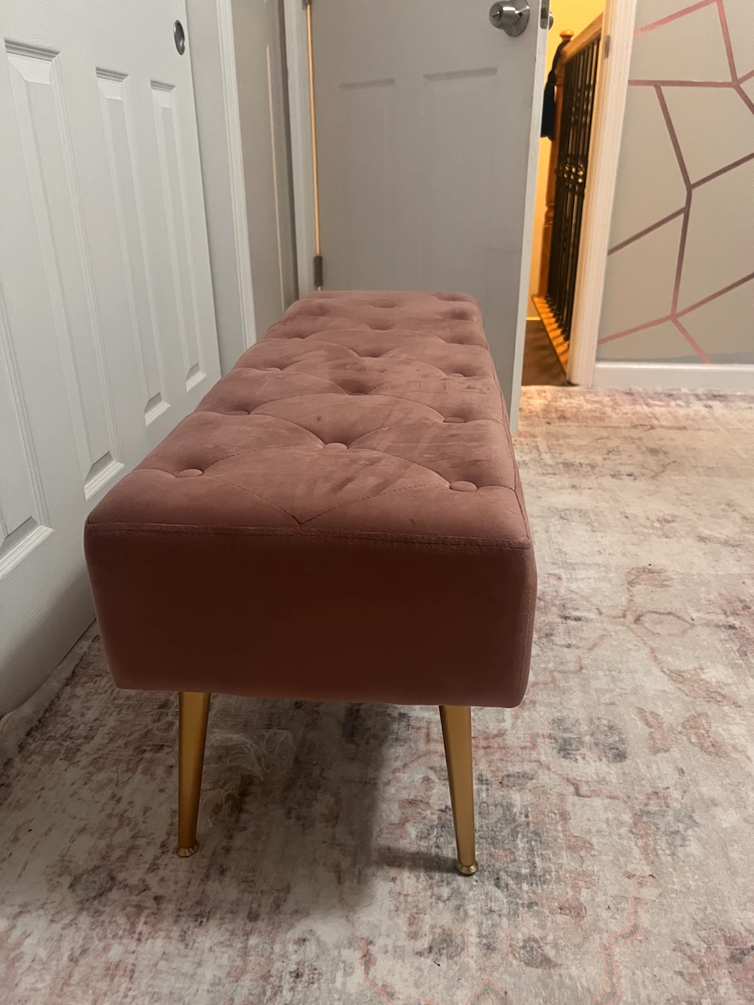 Pink Velvet Tufted Storage Bench with Gold Legs