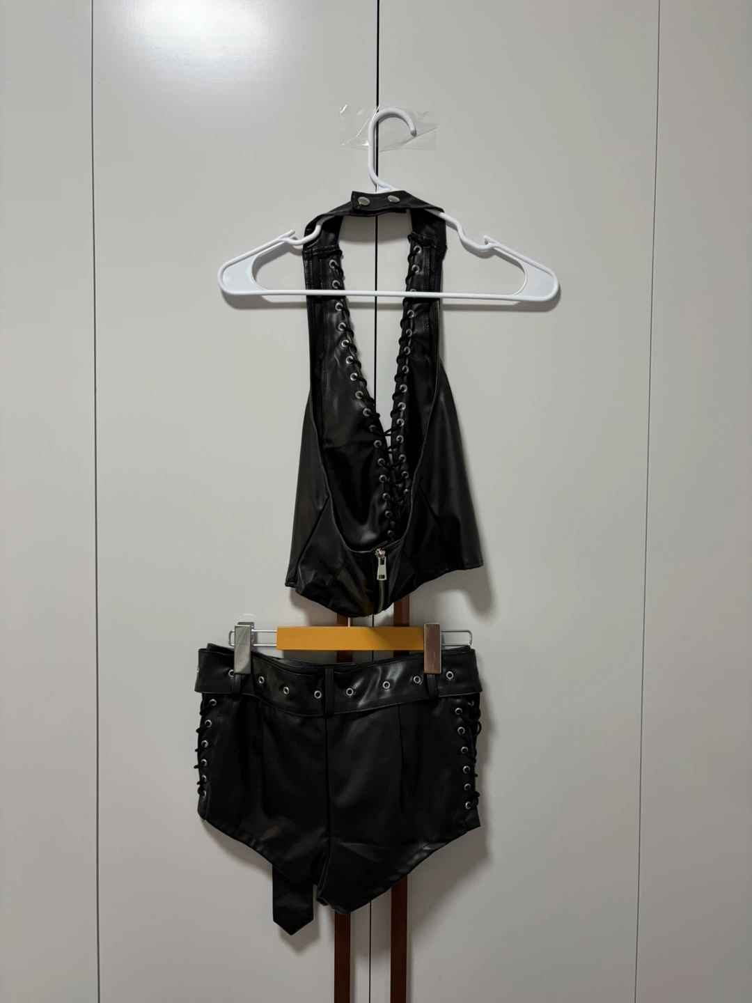 Black Faux Leather Halter Top & Shorts Set - photo 2
