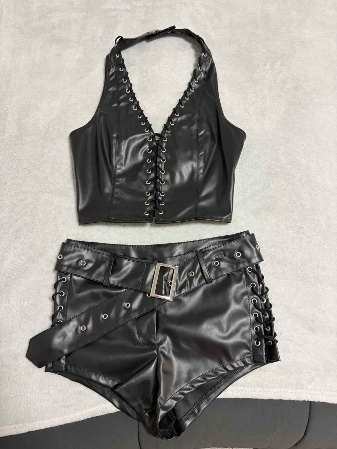 Black Faux Leather Halter Top & Shorts Set - photo 3