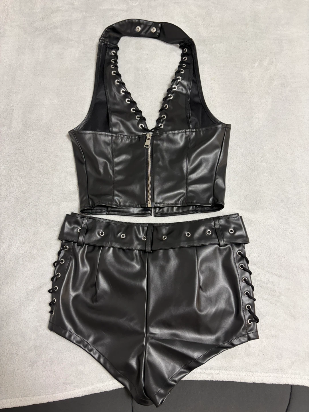 Black Faux Leather Halter Top & Shorts Set - photo 4
