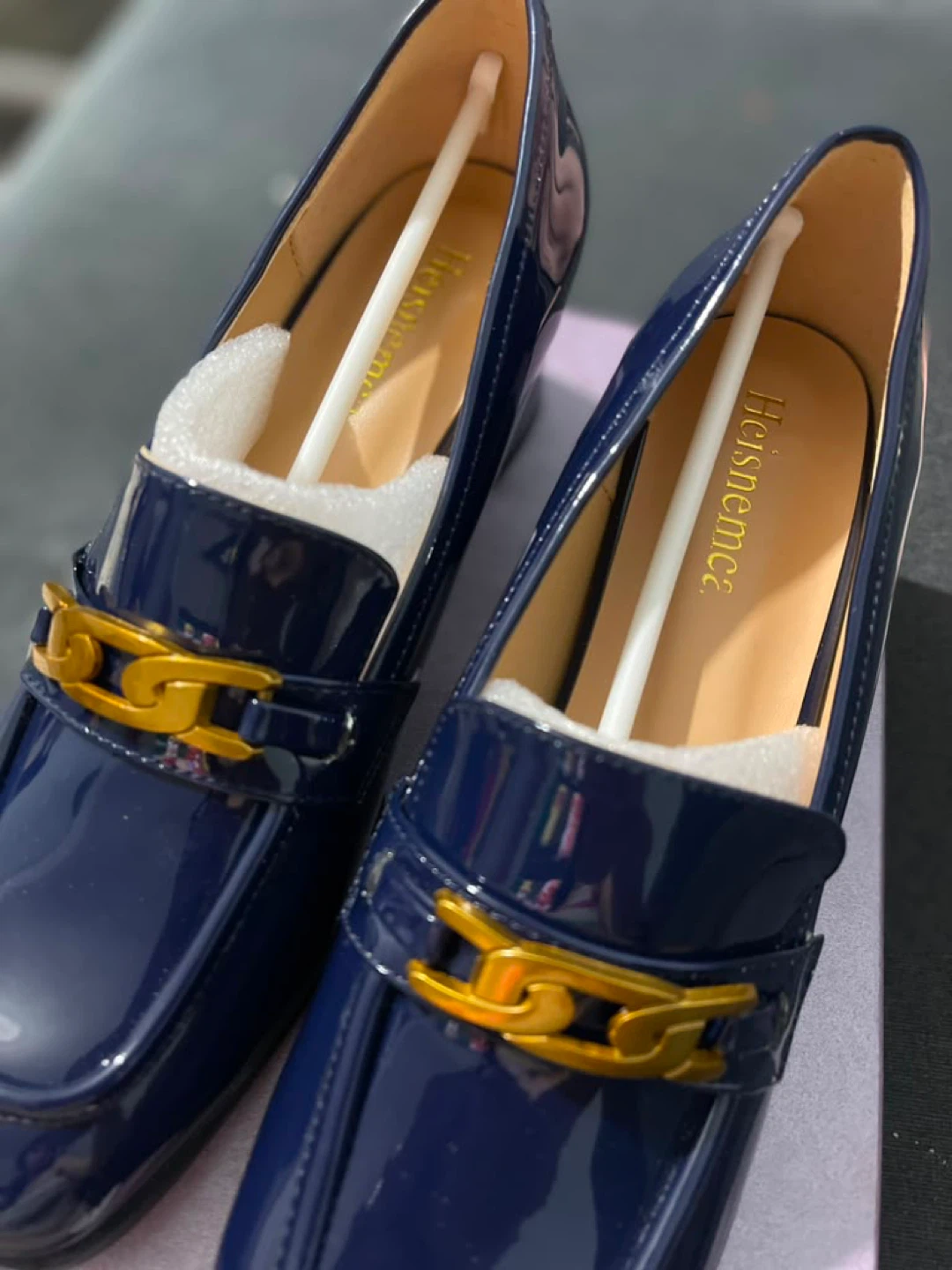 Heismence Blue Patent Loafers with Gold Chain Detail - photo 2