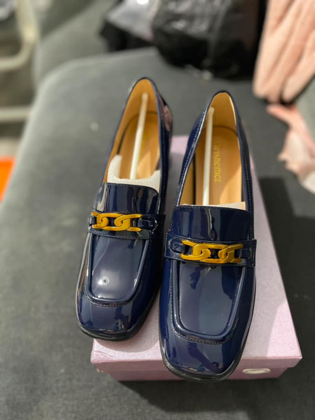 Heismence Blue Patent Loafers with Gold Chain Detail