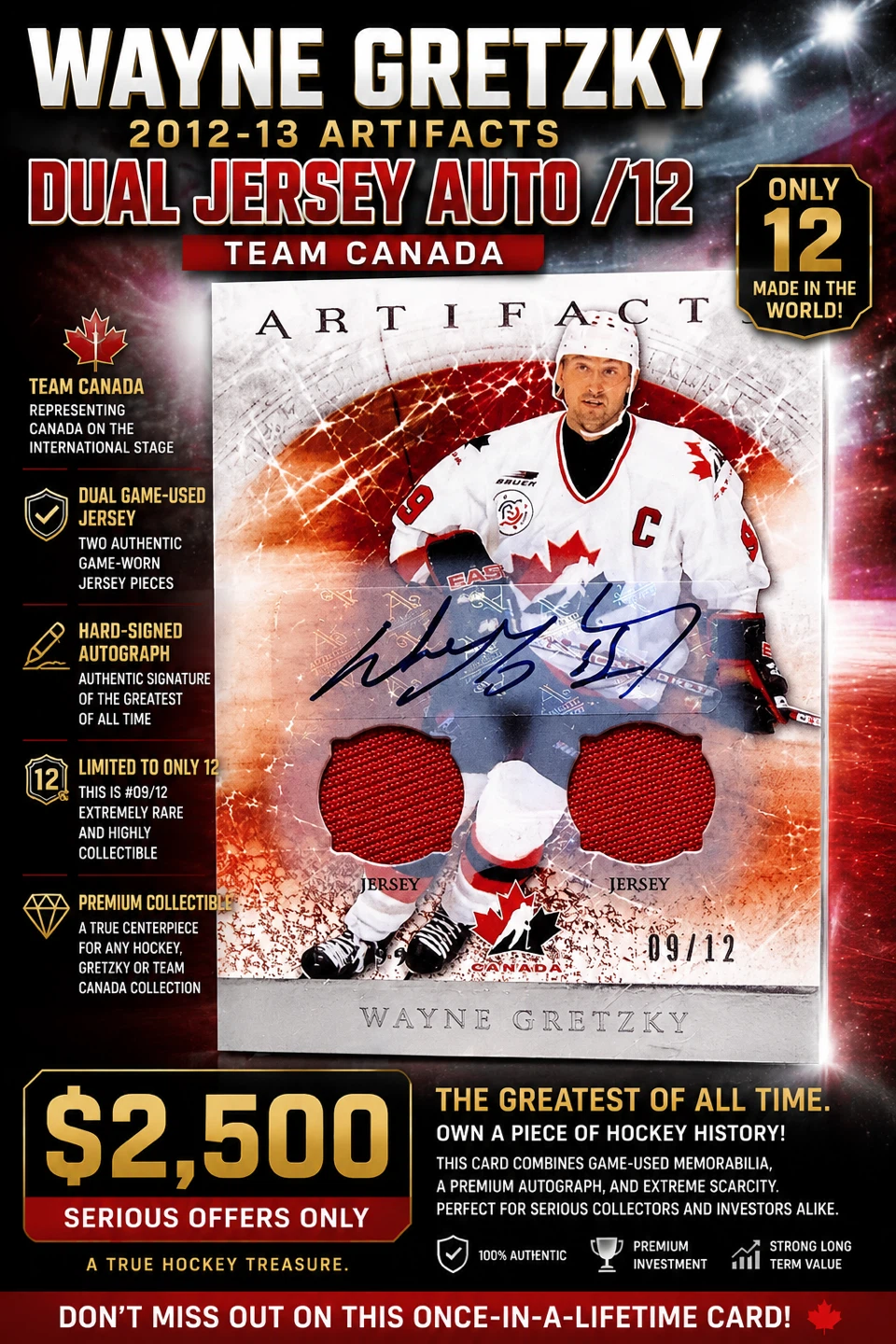 WAYNE GRETZKY - EXTREMELY RARE CARD! DUAL JERSEY AUTOGRAPH /12