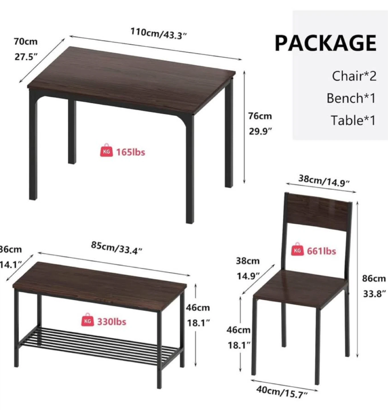 Dark Oak Dining Set - Table, 2 Chairs, 1 Bench - photo 2