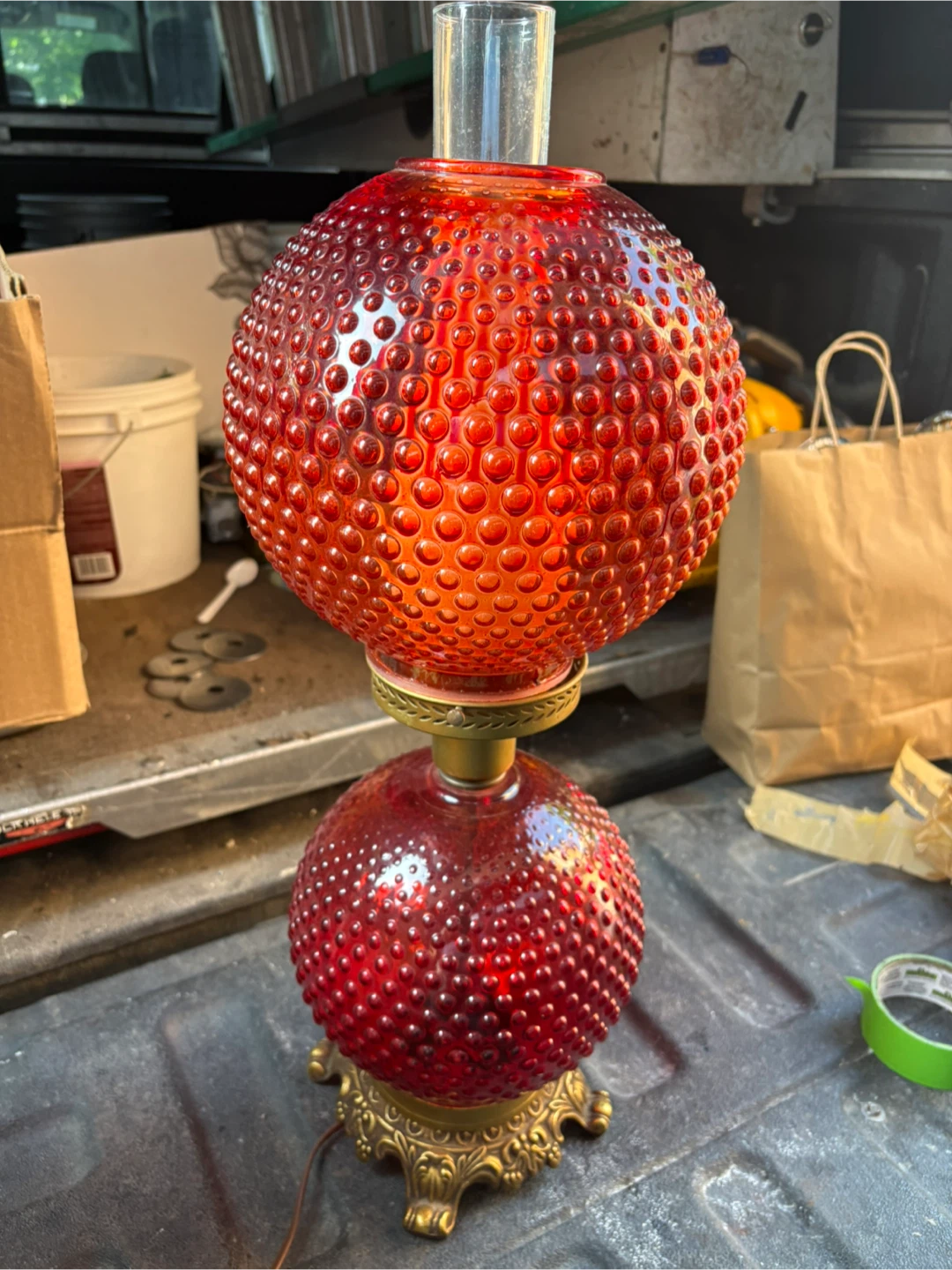 Red Hobnail Glass Lamp