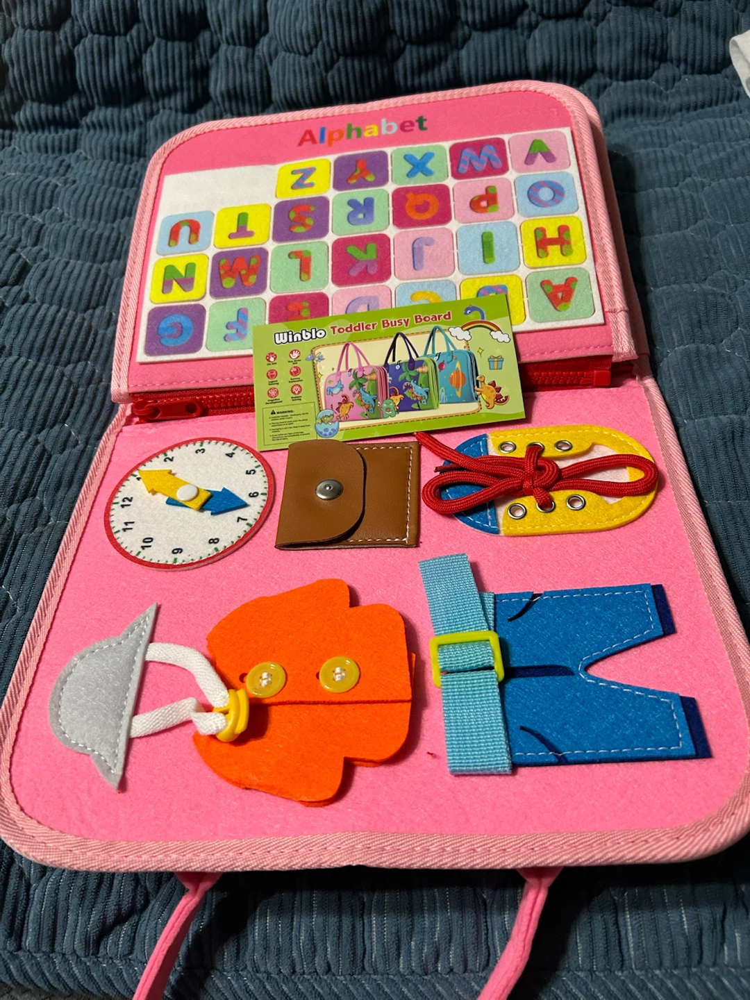 New-Pink Felt Busy Board with Dinosaurs, Alphabet, and Numbers