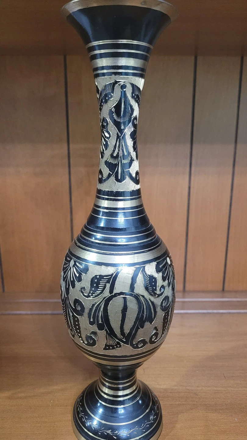 Vintage Brass Vase with Engraved Floral Design