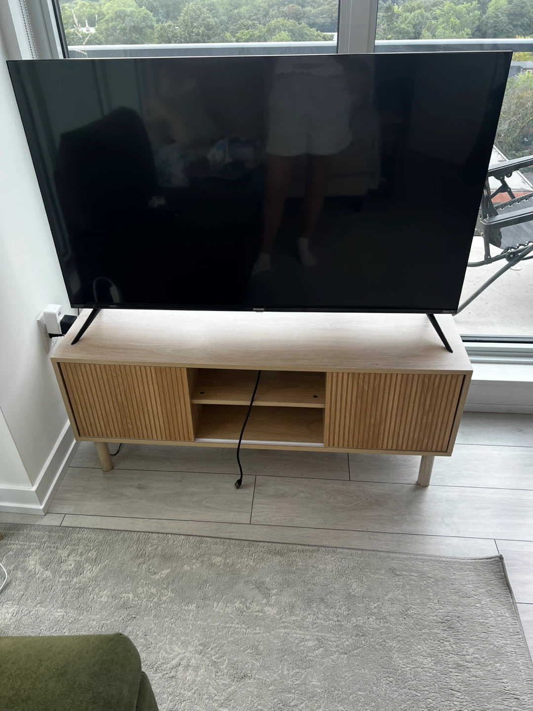 Modern Wood TV Stand with Sliding Doors
