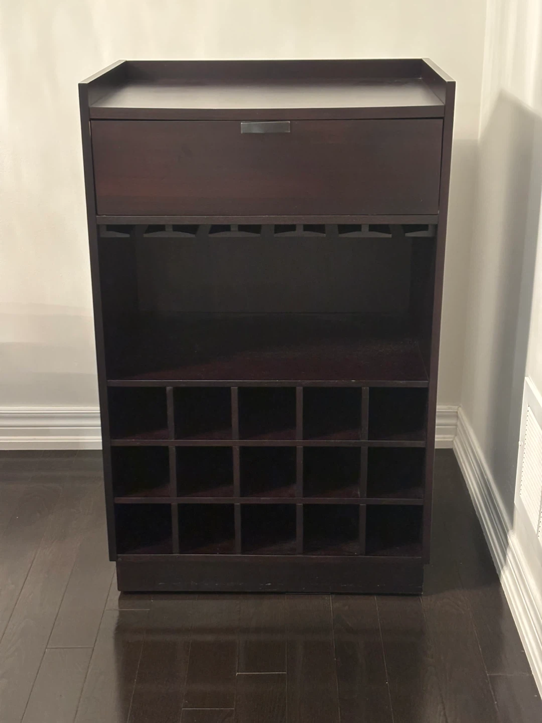 Dark Wood Bar Cabinet with Wine Glass Rack